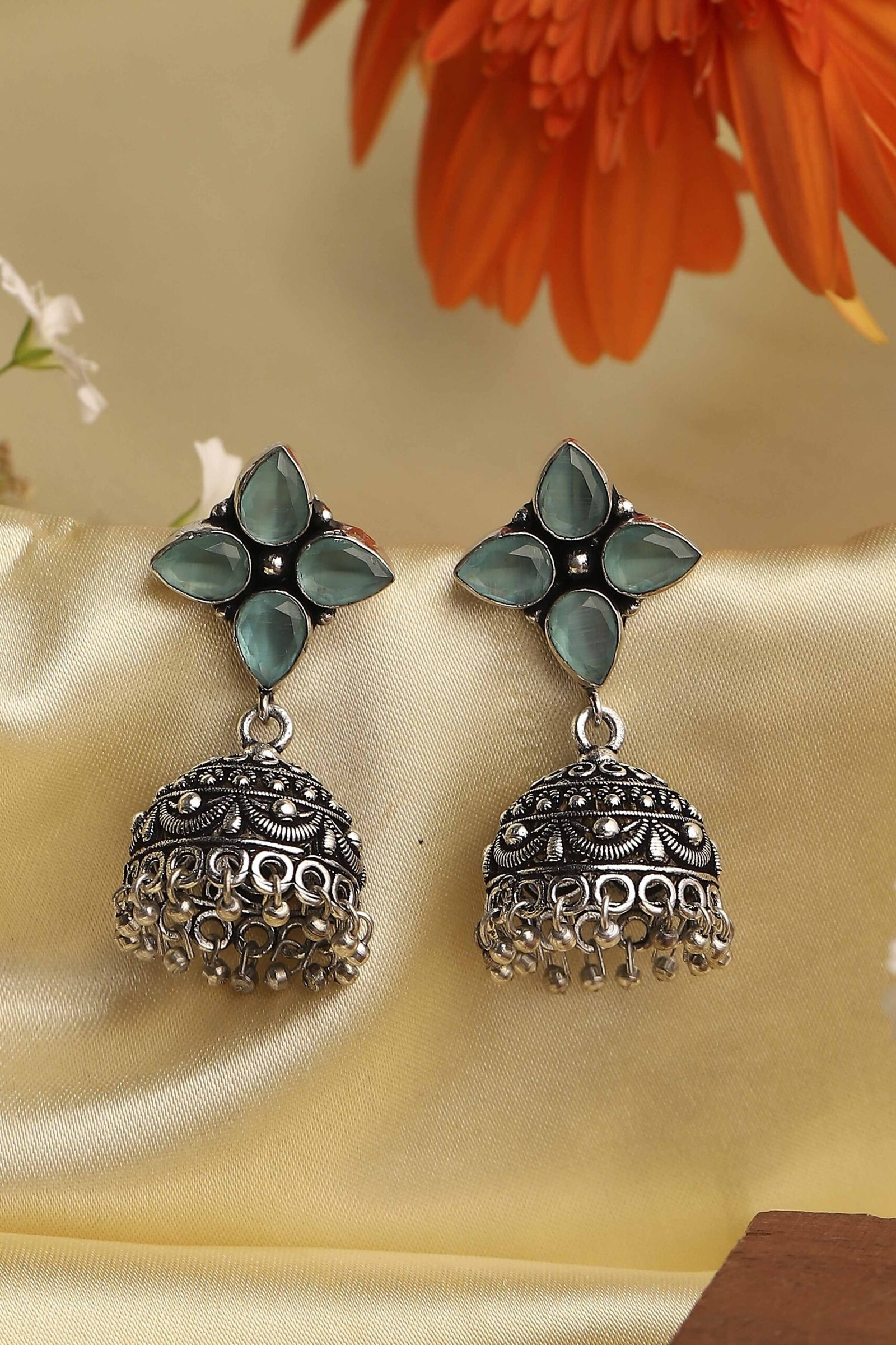 Green Brass Stoned Studded Jhumkas