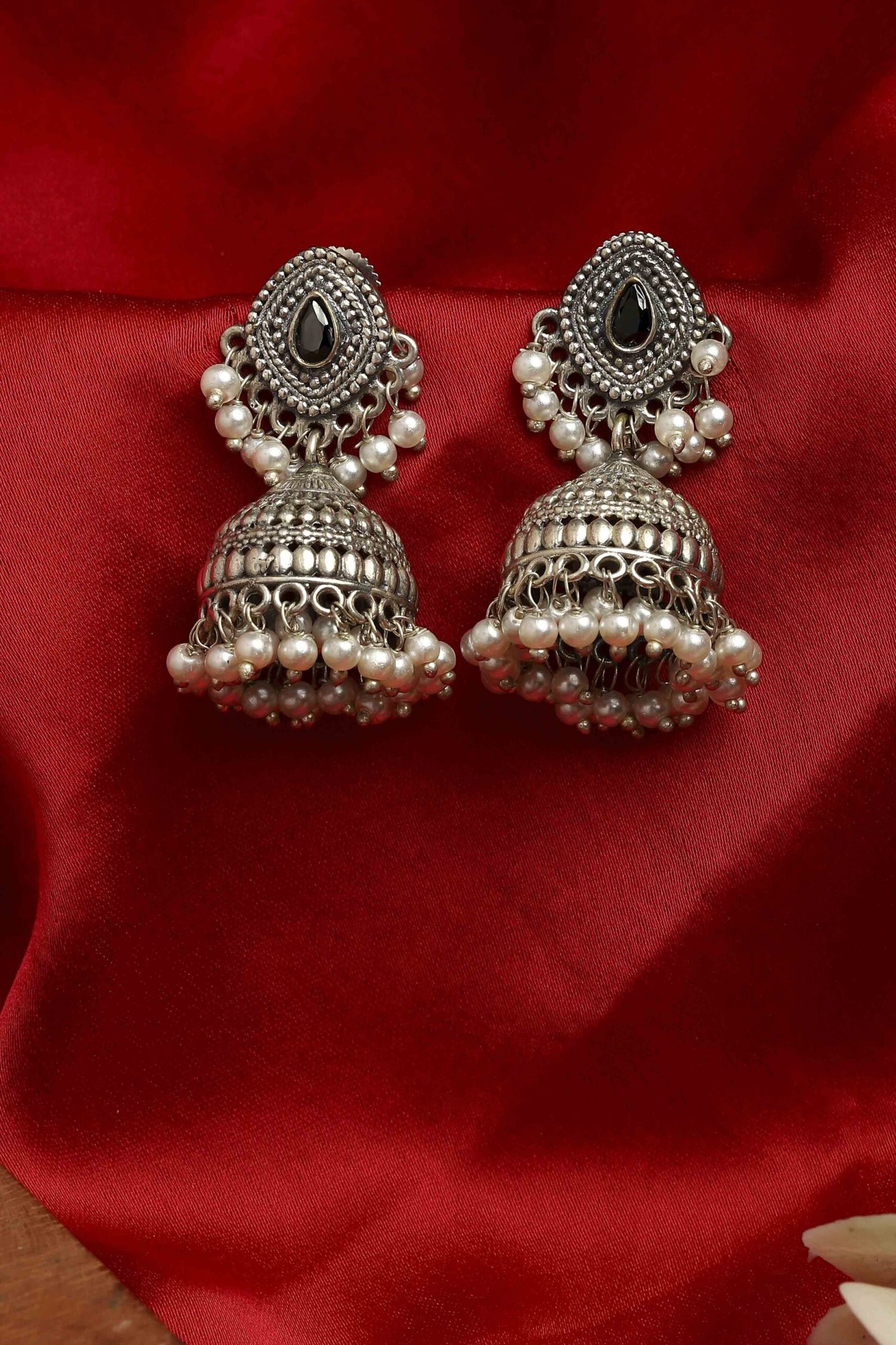 Black Oxidised Brass Studded Jhumkas
