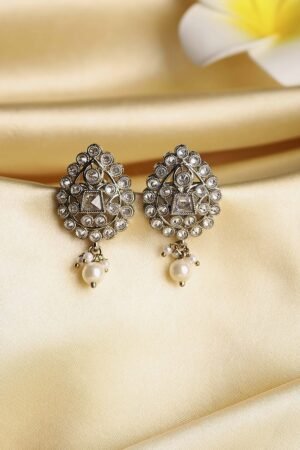 Silver Toned Gold Plated Brass Studded Drop Earrings