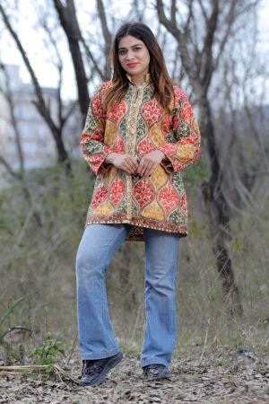 Fawn Multicolour Aari Work Embroidered Jacket With Beautiful Designer Matka Defines Sophistication. by Kashmir Villa, South Asian ethnic wear
