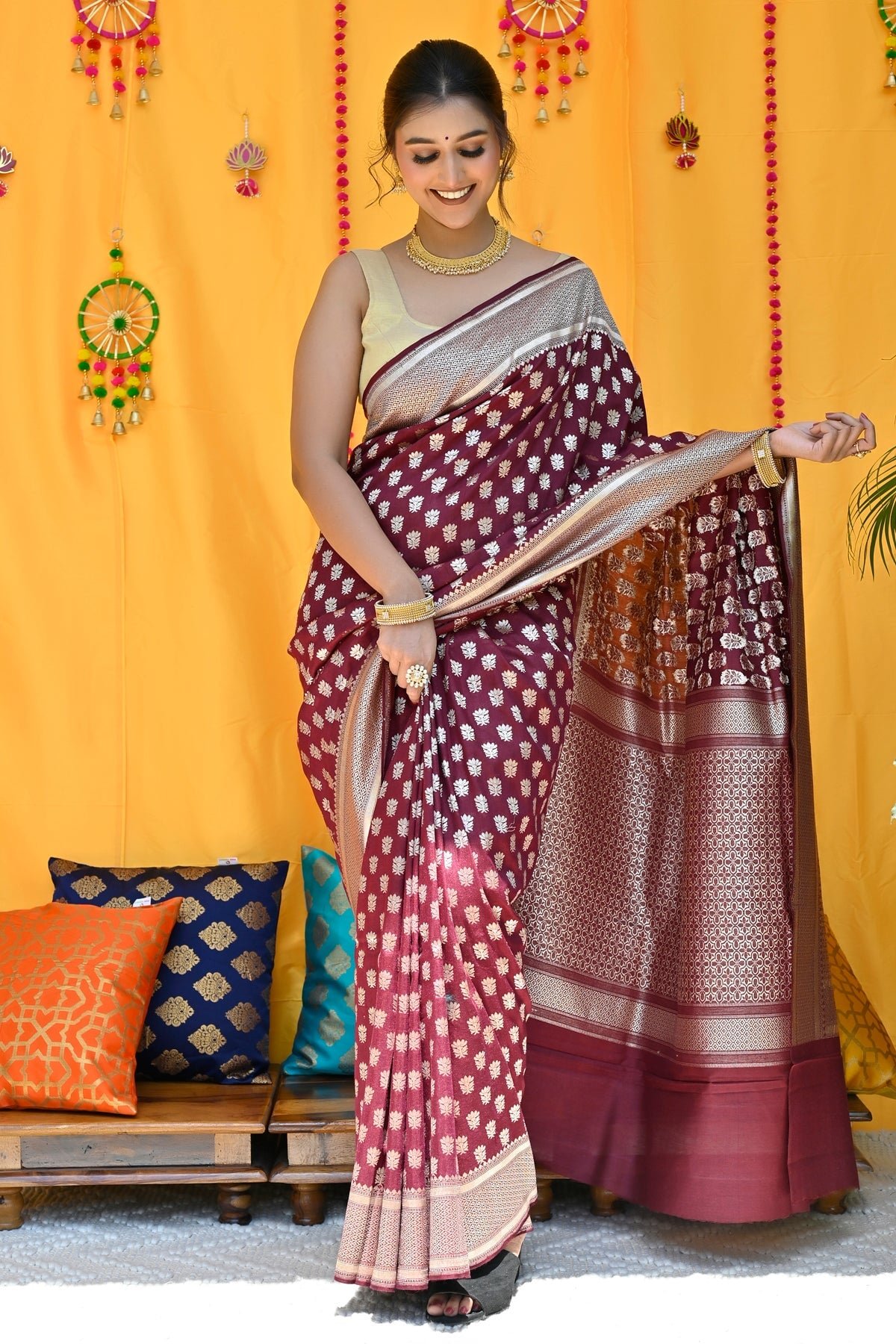 Maroon Pure Muga Silk Saree by BharatSthali, South Asian ethnic wear