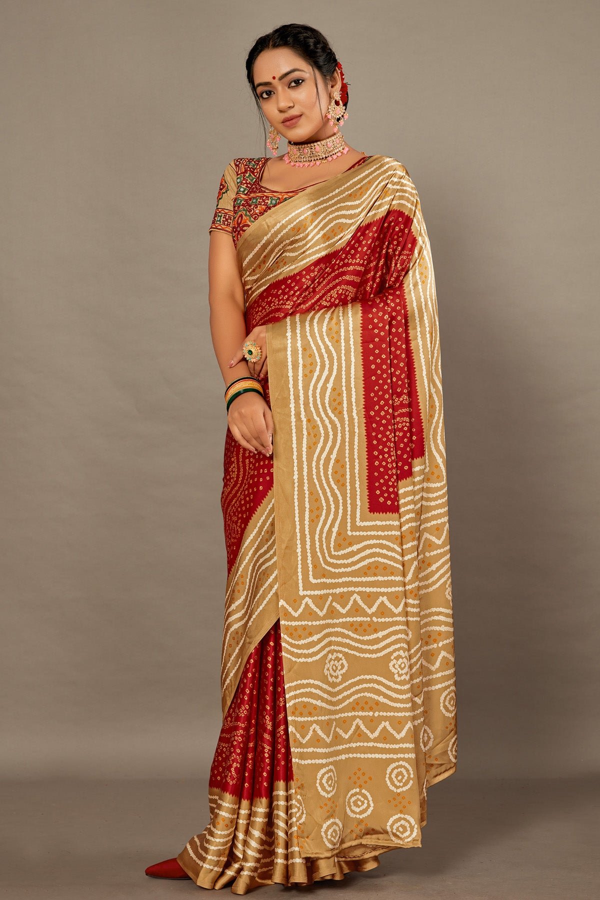 Red With Green Bandhej Soft Silk Saree With Hand Work Over Blouse by BharatSthali, South Asian ethnic wear