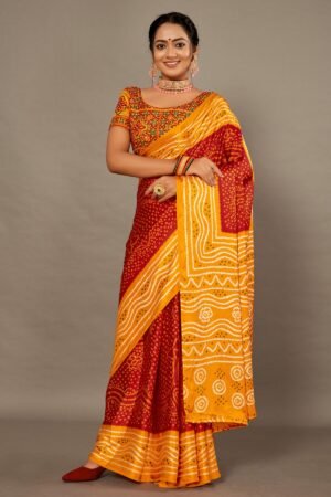 Yellow With Red Bandhej Soft Silk Saree With Hand Work Over Blouse by BharatSthali, South Asian ethnic wear