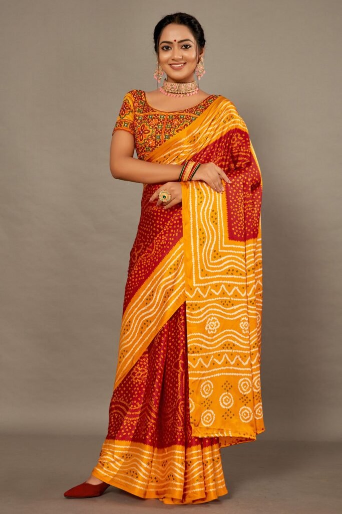 Yellow With Red Bandhej Soft Silk Saree With Hand Work Over Blouse by BharatSthali, South Asian ethnic wear