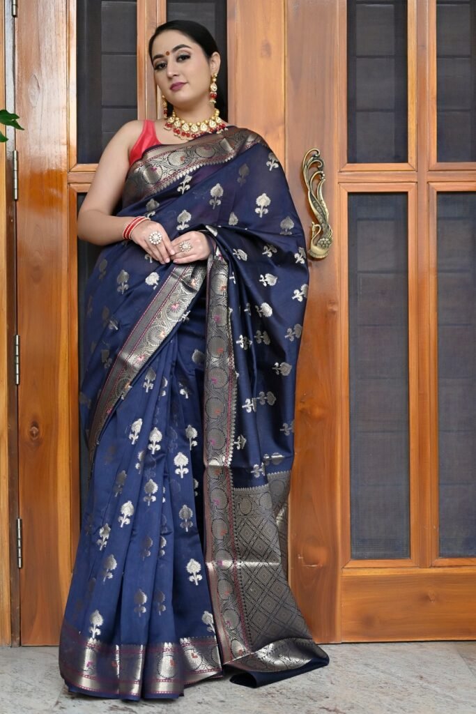 Navy Blue Maheshwari Saree With Golden Motifs Pallu And Borders by BharatSthali, South Asian ethnic wear