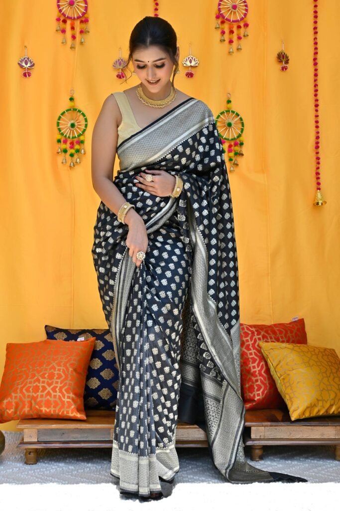 Black Pure Muga Silk Saree by BharatSthali, South Asian ethnic wear