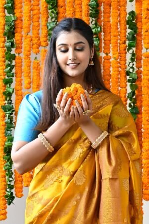 Mustard Yellow Pure Mulberry Silk Saree by BharatSthali, South Asian ethnic wear