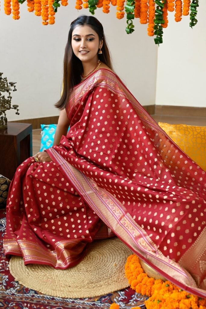 Asthetic Maroon Pure Maheshwari Saree With Zari Pallu And Borders by BharatSthali, South Asian ethnic wear