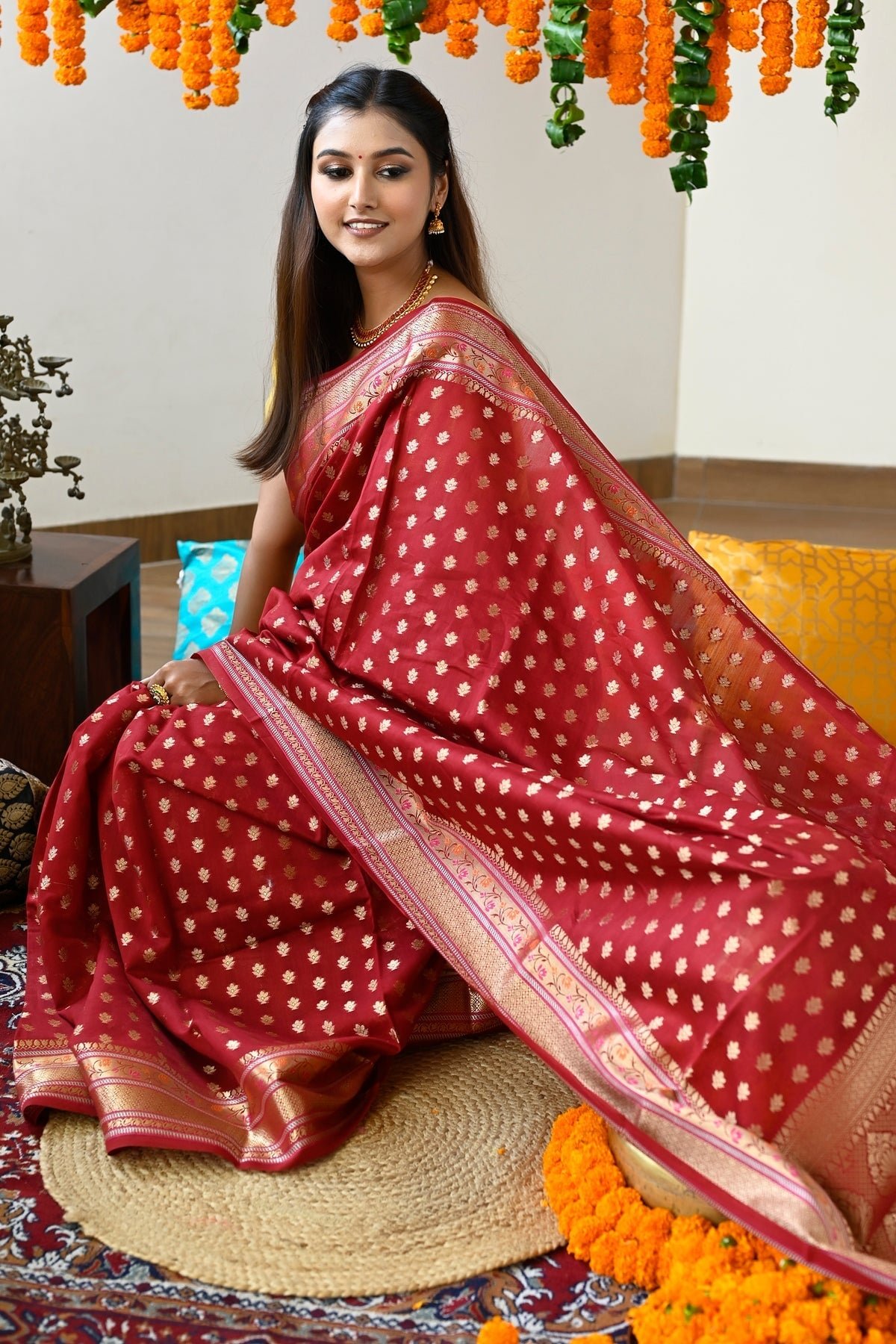 Asthetic Maroon Pure Maheshwari Saree With Zari Pallu And Borders by BharatSthali, South Asian ethnic wear