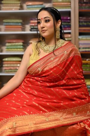 Designer Saree Zardozi Work On Banarasi Saree – Red Color by BharatSthali, South Asian ethnic wear