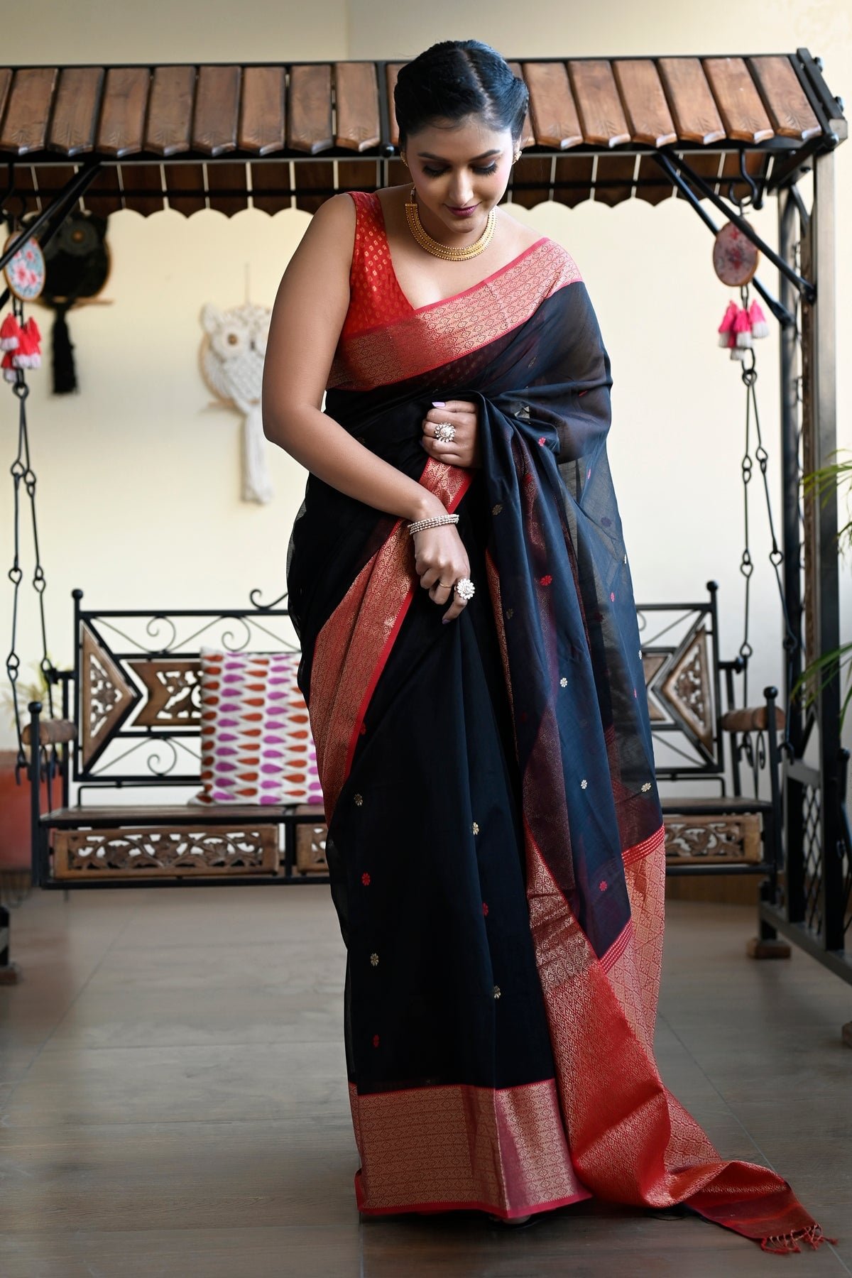 Black And Red Pure Maheshwari Saree With Thread Motifs And Golden Zari Pallu by BharatSthali, South Asian ethnic wear