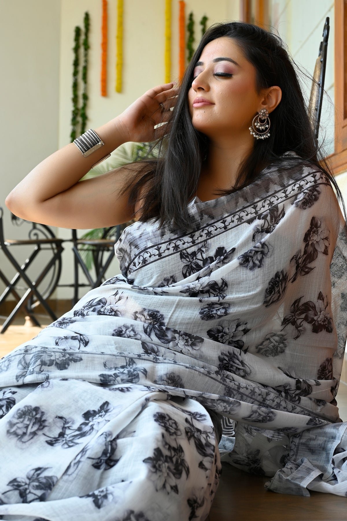 White With Black Linen Saree With Digital Floral Print by BharatSthali, South Asian ethnic wear