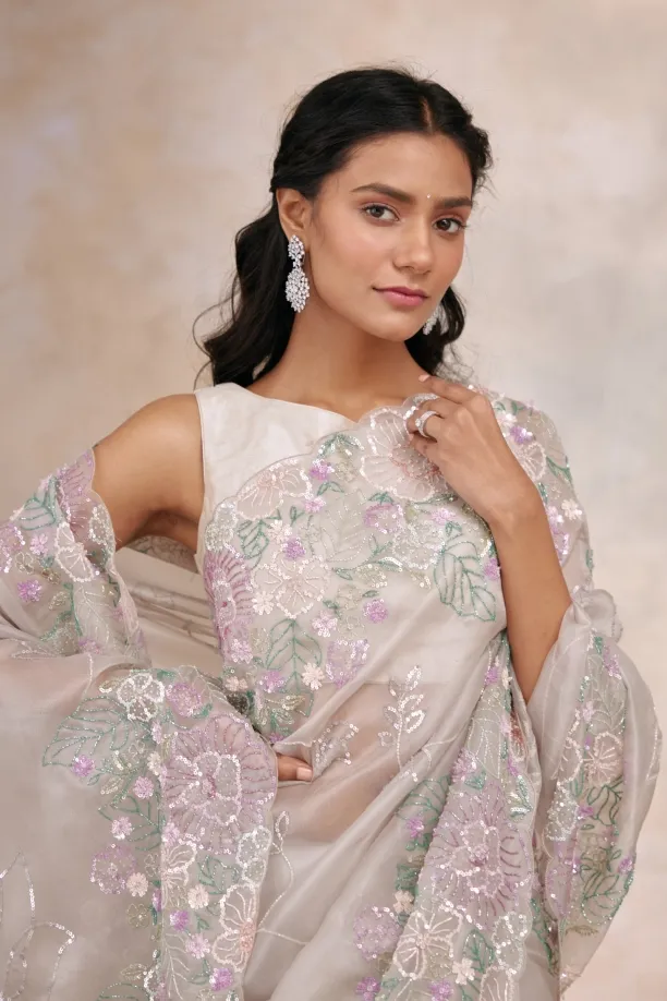 Misty Grey Organza Saree by Frontier Raas, South Asian ethnic wear