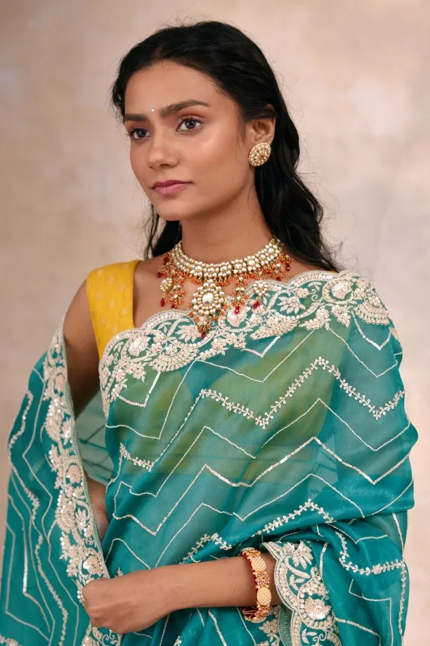 Winter Sea Green Organza Saree by Frontier Raas, South Asian ethnic wear