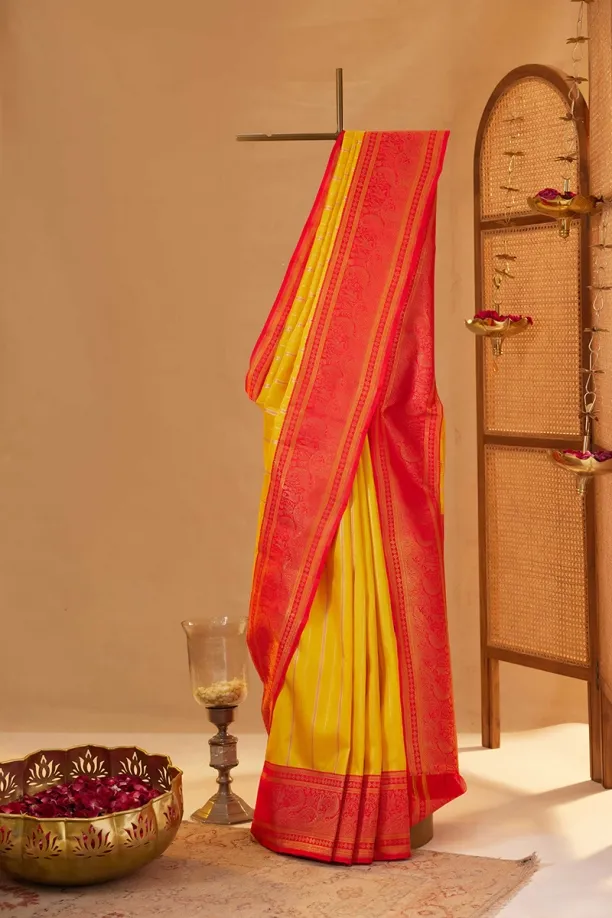 Amber Yellow Kanjivaram Silk Saree by Frontier Raas, South Asian ethnic wear