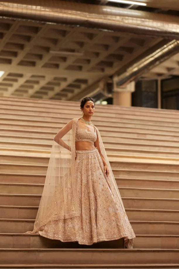 Dusty Rose Organza Lehenga by Frontier Raas, South Asian ethnic wear