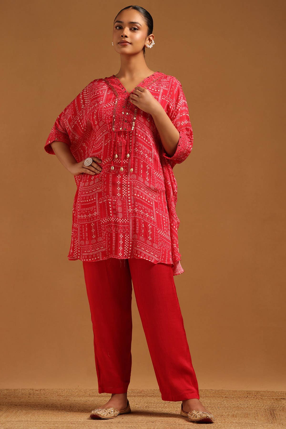 Fuchsia Chinon Ethnic Motifs Kaftan Suit With Stones And Sequins by Soch, South Asian ethnic wear
