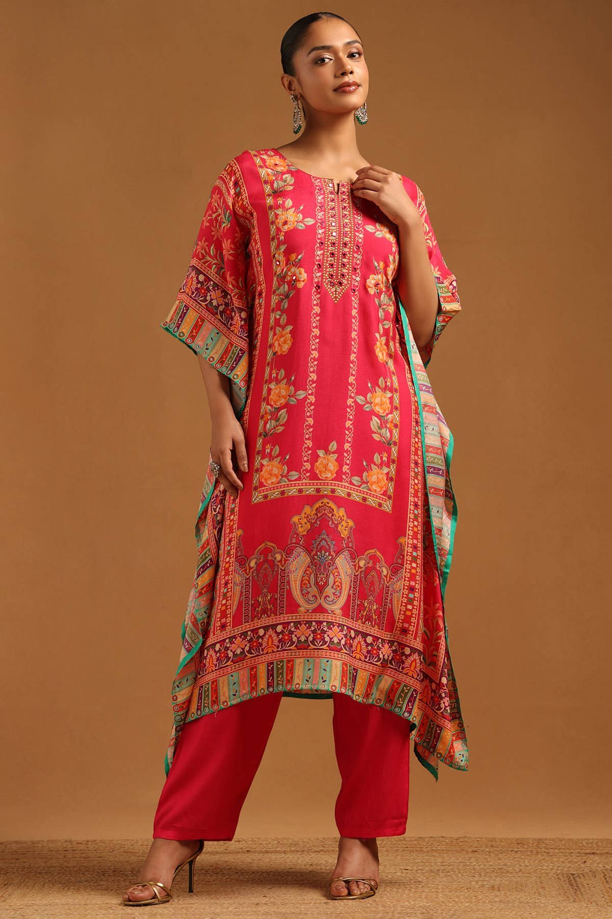 Fuchsia Muslin Botanical Kaftan Suit With Mirror Work