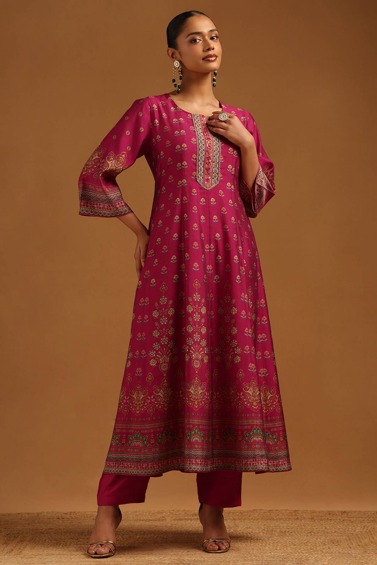 Fuchsia Muslin Floral Kurta Set With Beads by Soch, South Asian ethnic wear