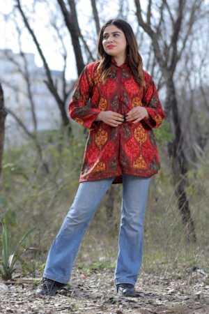 Graceful Maroon Multicolour Aari Work Embroidered Jacket With Beautiful Designer Matka Defines Sophistication. by Kashmir Villa, South Asian ethnic wear