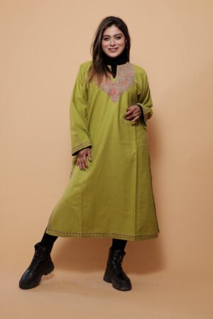 Green Color Kashmiri Work Embroidered Phiran Enriched With Mechine Sozni Neckline Pattern by Kashmir Villa, South Asian ethnic wear