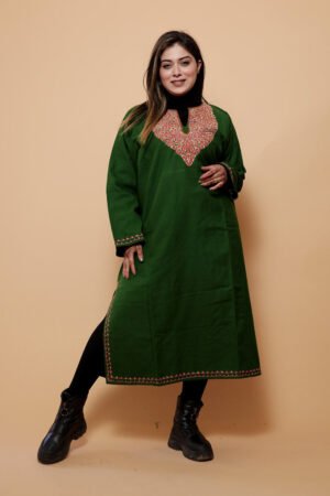 Green Color Kashmiri Work Embroidered Phiran Enriched With Mechine Sozni Neckline Pattern by Kashmir Villa, South Asian ethnic wear