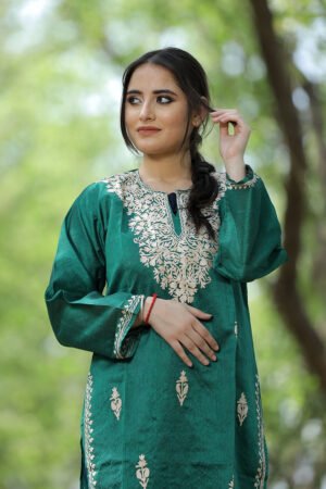 Green Colour Rayon Silk Kurti With Beautiful Aari Embroidery Gives Attractive Look To The Wearer. by Kashmir Villa, South Asian ethnic wear