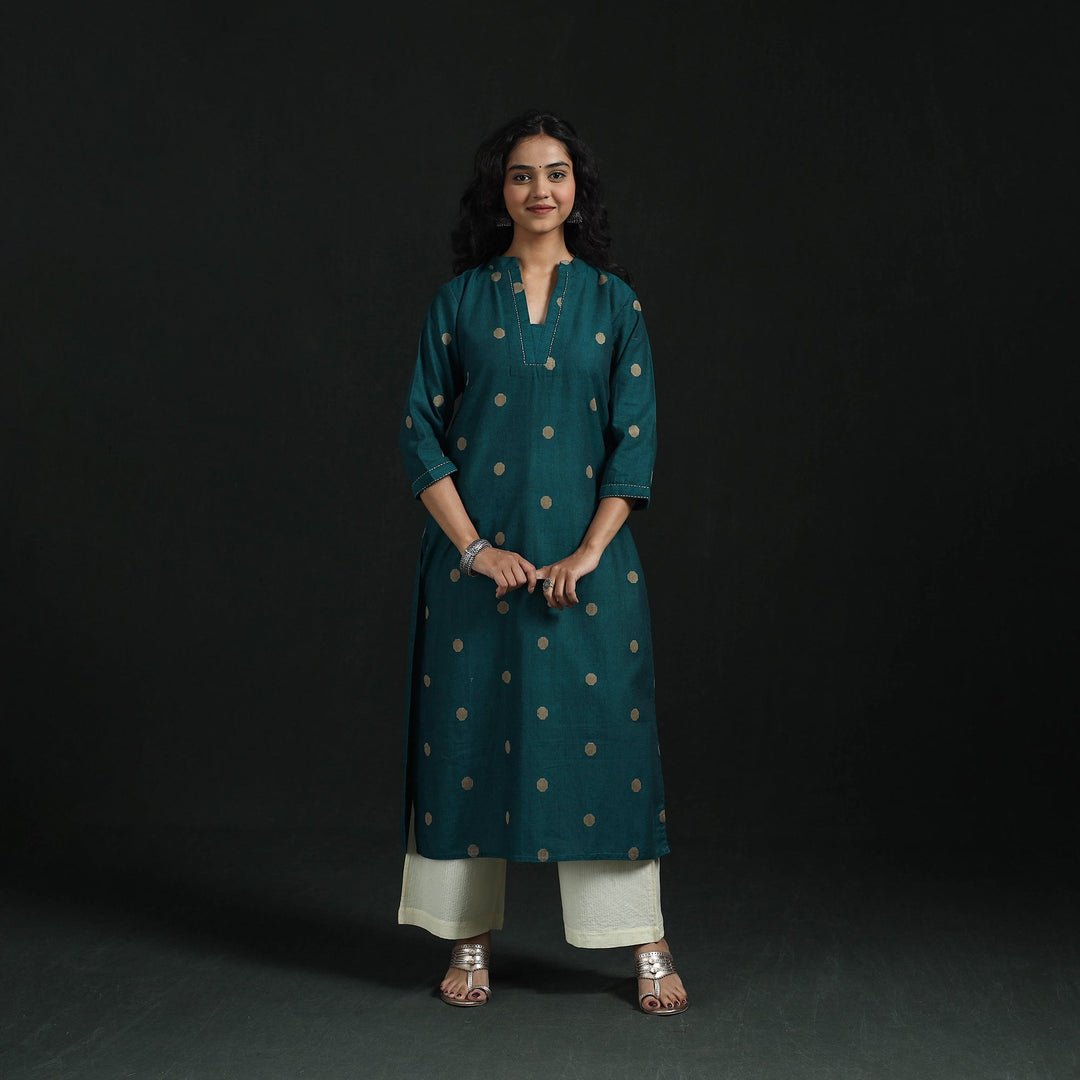Green - Hand Embroidered Straight Cotton Jacquard Long Kurta For Women 06