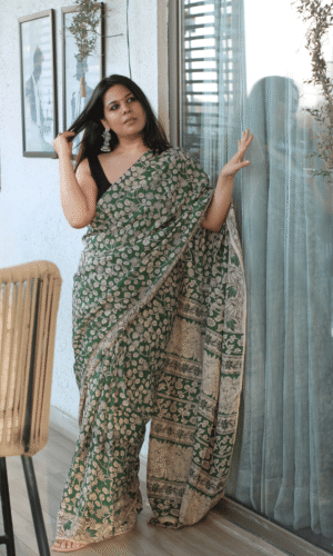 Green Handblock Kalamkari Silk Saree by Baareeki, South Asian ethnic wear