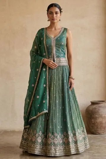 Green Tissue Mehendi Lehenga With Embroidered Kurta Style Blouse-Jk3411 by Samyakk, South Asian ethnic wear