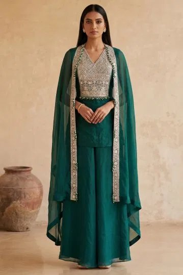 Green Zardosi Embroidered Silk Palazzo Suit With Cape-Ac3213
