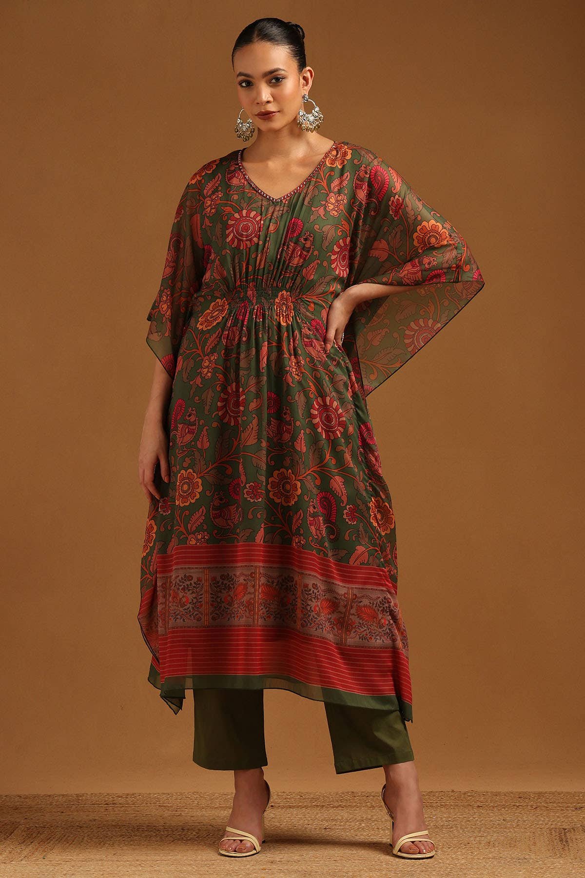 Green Chiffon Kalamkari Kaftan Suit With Cutdana Details