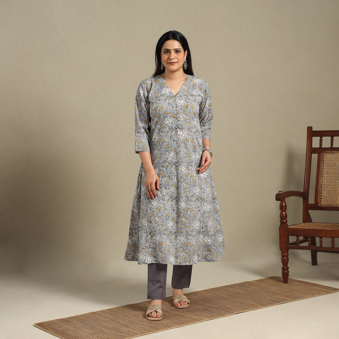 Grey - Block Print Cotton A-Line Sanganeri Kurta 10