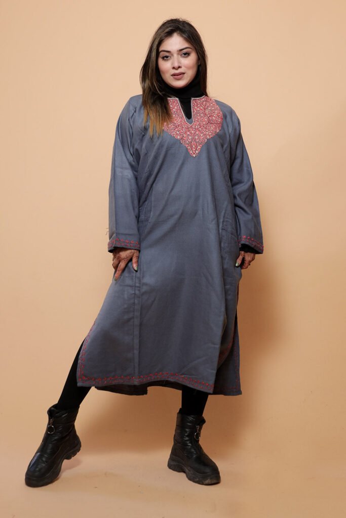Grey Color Kashmiri  Work Embroidered Phiran Enriched With Mechine Sozni Neckline Pattern by Kashmir Villa, South Asian ethnic wear