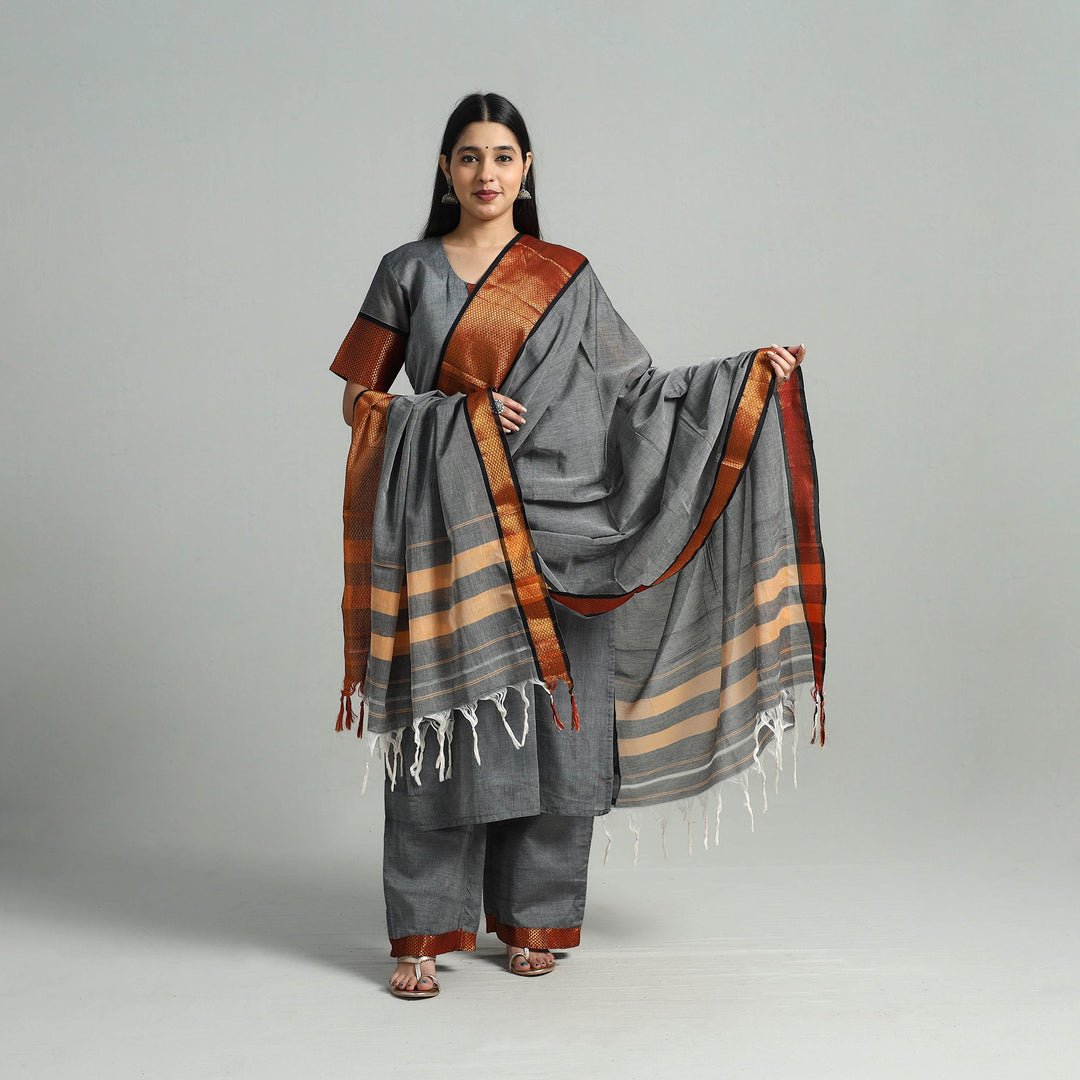 Grey – Cotton Dharwad Kurta Set With Palazzo & Dupatta 10 by itokri, South Asian ethnic wear