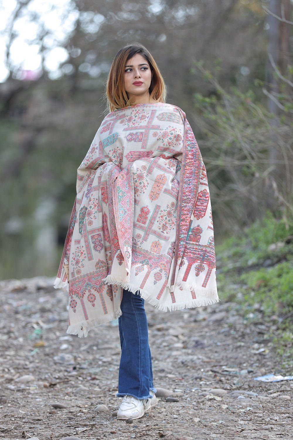 Heavenly White Colour Shawl With Flower Pattern Style Bold And Dense Border Gives Rich And Beautiful Look. by Kashmir Villa, South Asian ethnic wear