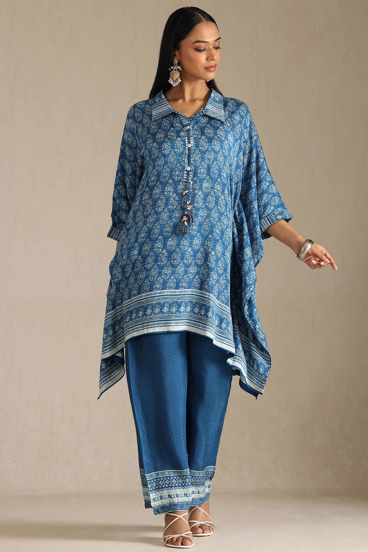 Indigo Viscose Muslin Floral Print Kaftan Suit With Tassels