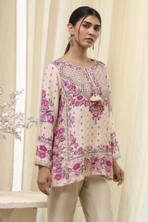 Off-White And Pink Modal Blend Straight Short Kurta