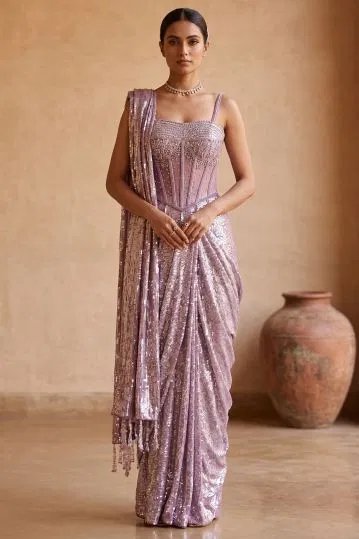 Lavender Embroidered Net Ready To Wear Saree With Corset Style Blouse-Ad2647 by Samyakk, South Asian ethnic wear