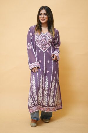 Lavender Lining Kashmiri Kurti With Multicolour All Over Front And Back Embroidery. by Kashmir Villa, South Asian ethnic wear