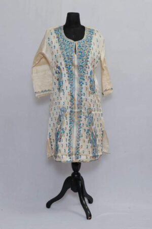 Light Beige Colour Aari Work Kurti With Multi Colour Aari Work Sherwani Pattern by Kashmir Villa, South Asian ethnic wear