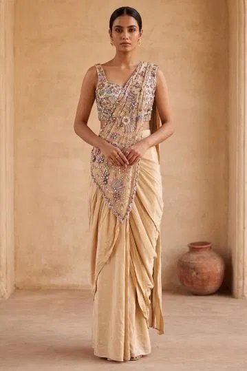 Light Beige Sequins Embroidered Crepe Ready To Wear Saree-Ad2644 by Samyakk, South Asian ethnic wear