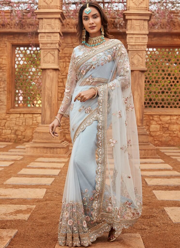 Light Dusty Blue Embroidered Net Saree by Lashkaraa, South Asian ethnic wear