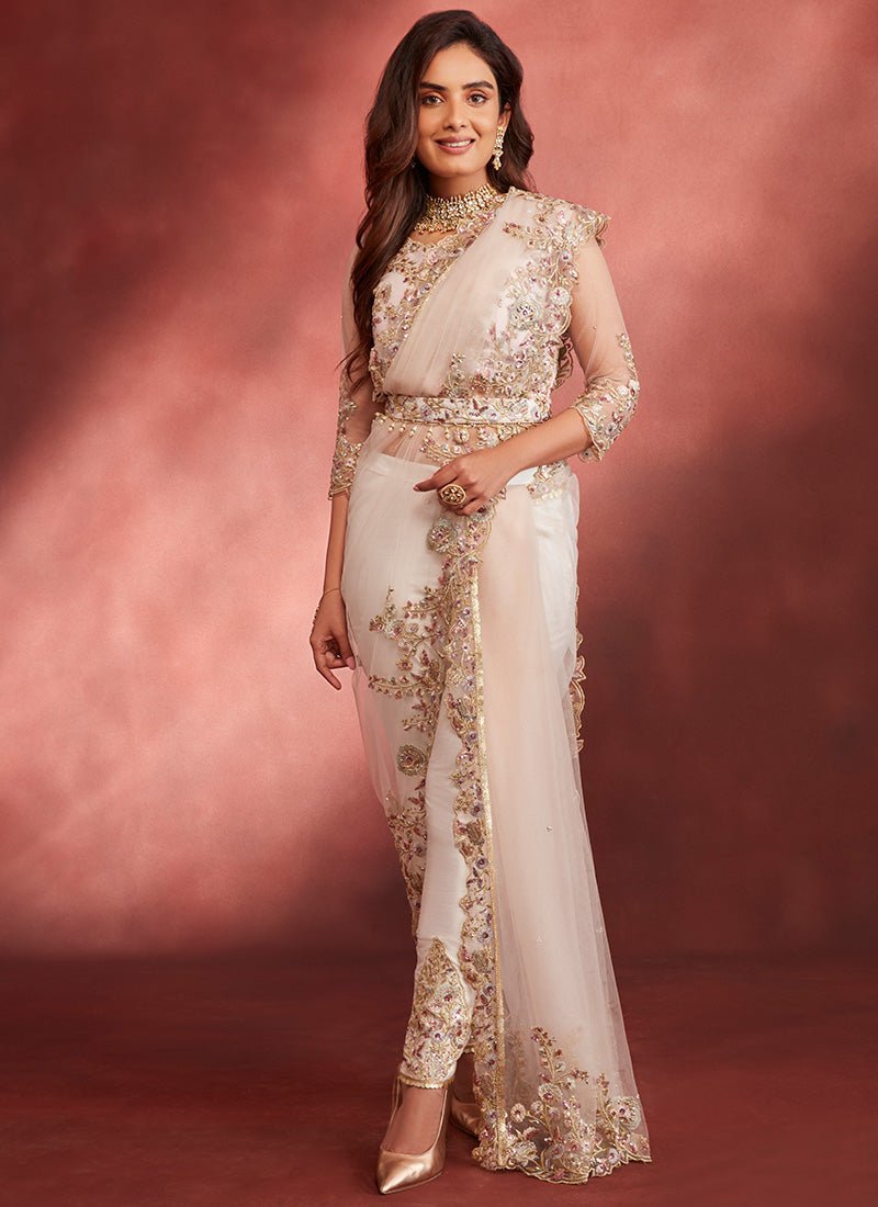 Light Pink Embroidered Pant Style Saree by Lashkaraa, South Asian ethnic wear