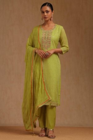 Light Green Organza Embroidered Suit Set With Stone Work by Soch, South Asian ethnic wear