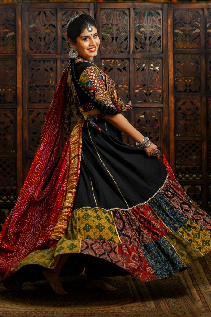 Ajrakh Patch Embroidered Skirt And Blouse by byhand, South Asian ethnic wear