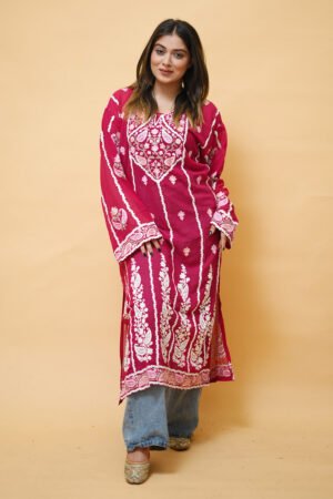 Magenta Lining Kashmiri Kurti With Multicolour All Over Front And Back Embroidery. by Kashmir Villa, South Asian ethnic wear