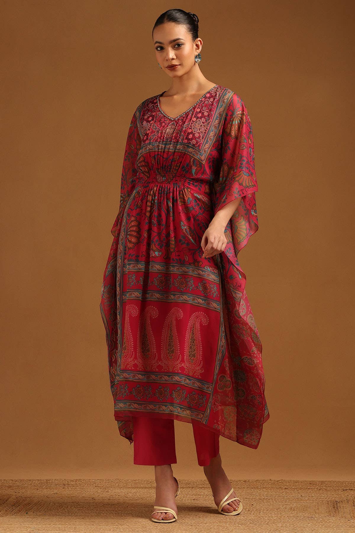 Magenta Chiffon Botanical Kaftan Suit
