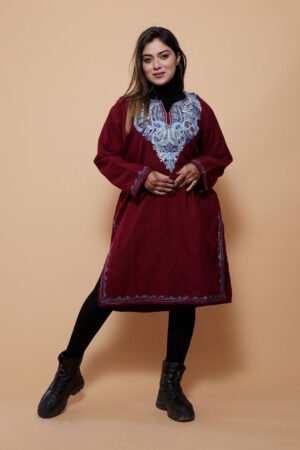 Maroon Colour Very Soft Warm And Elegant Wool Pheran by Kashmir Villa, South Asian ethnic wear