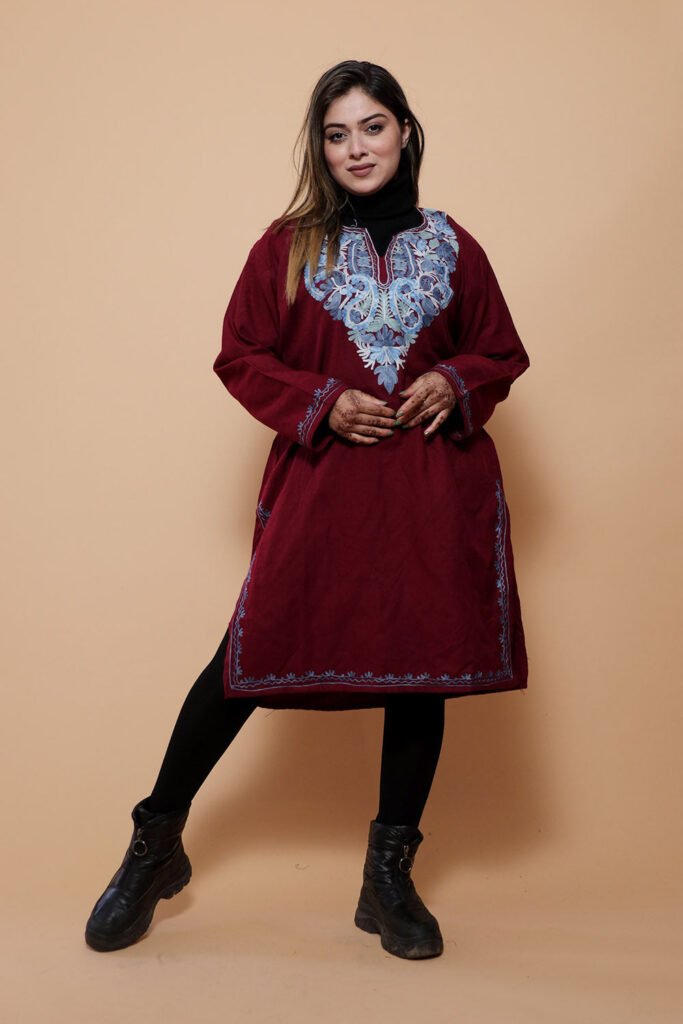 Maroon Colour Very Soft Warm And Elegant Wool  Pheran by Kashmir Villa, South Asian ethnic wear